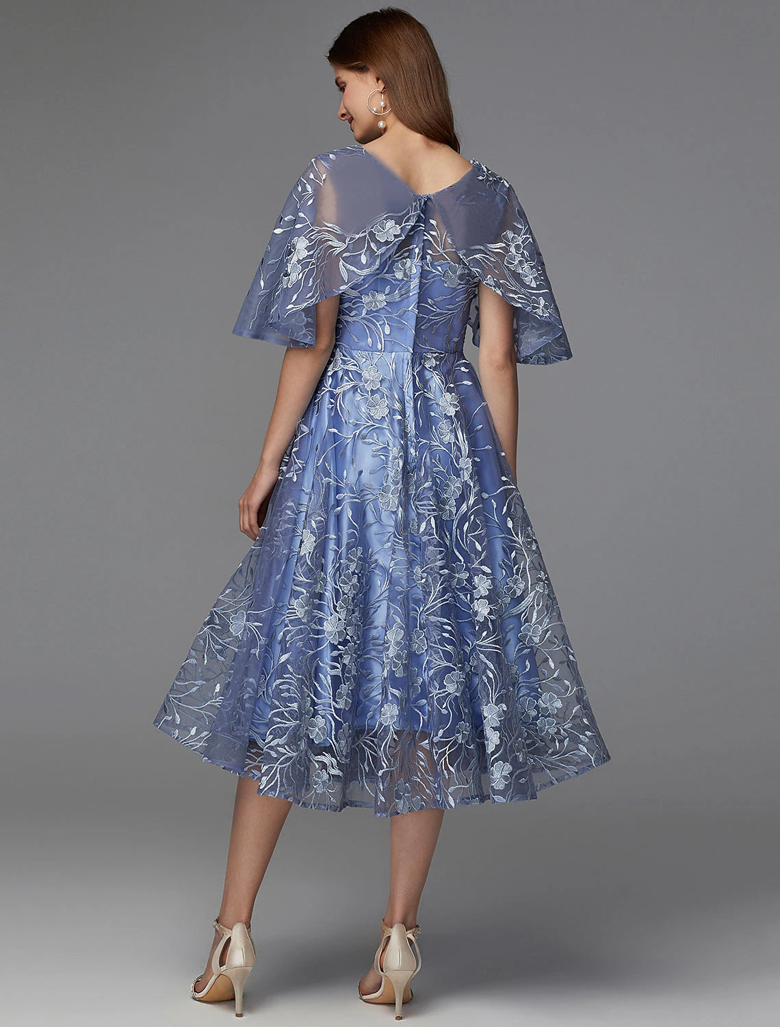 Wholesale  A-Line Floral Dress Wedding Guest Cocktail Party Tea Length Sleeveless V Neck Lace V Back with Pattern / Print Appliques